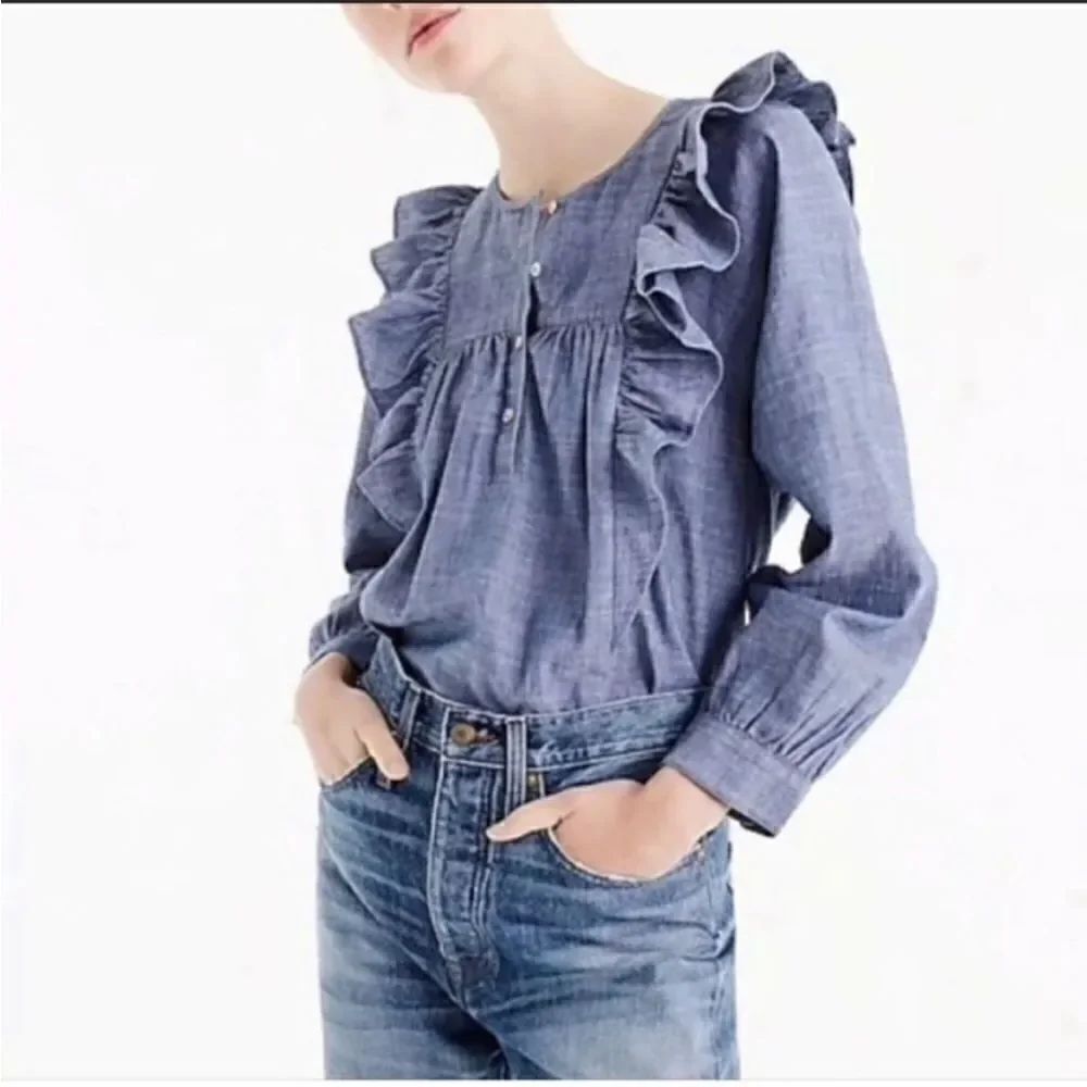 J.Crew chambray ruffle denim top